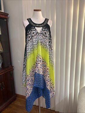 Paneled asymmetrical handkerchief sun dress embellished Neck halter oversized L